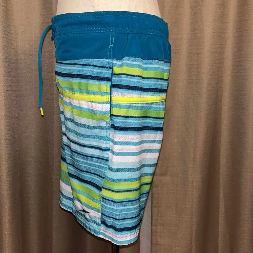Speedo Mens Blue Green White Swim Short Size Medium with Liner and Elastic Waist